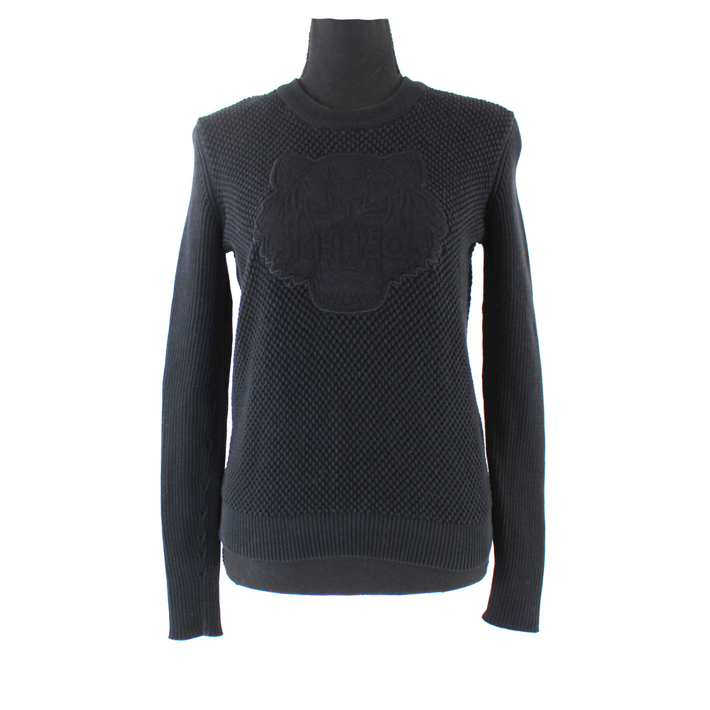 Kenzo Paris Black Tiger Logo Patch Cotton Knit Crewneck Sweater S Pullover